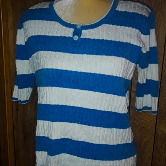 Womans Large Shirt Blue & White Striped Top Midsleeved Textured Comfy Blouse - Picture 4 of 4